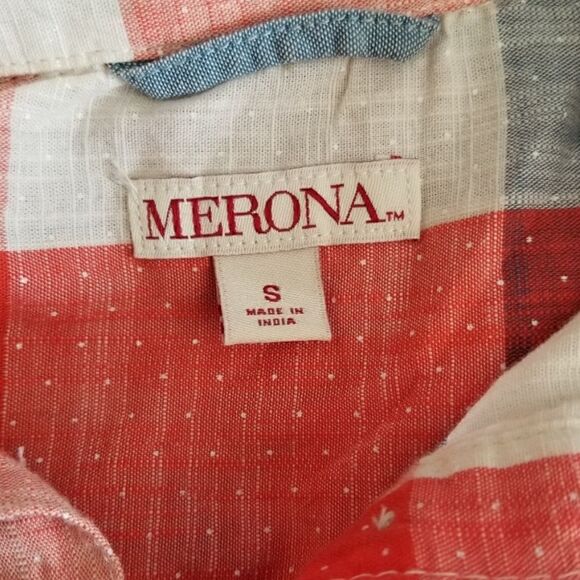 MERONA RED WHITE BLUE PLAID HALF BUTTON UP LONG SLEEVE SHIRT TUNIC TOP SIZE S - Picture 7 of 12